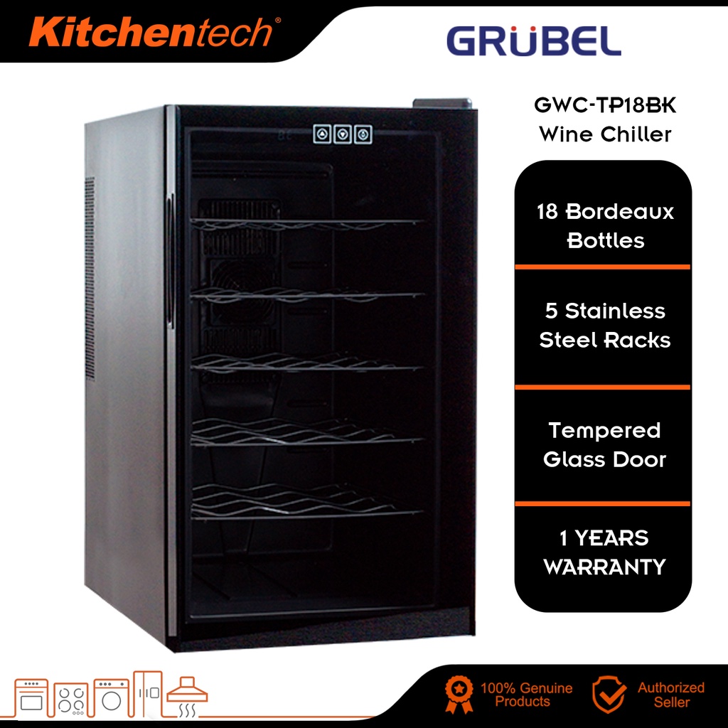 Grubel GWCTP18BK Wine Chiller 18 Bordeaux Bottles with Tempered Glass
