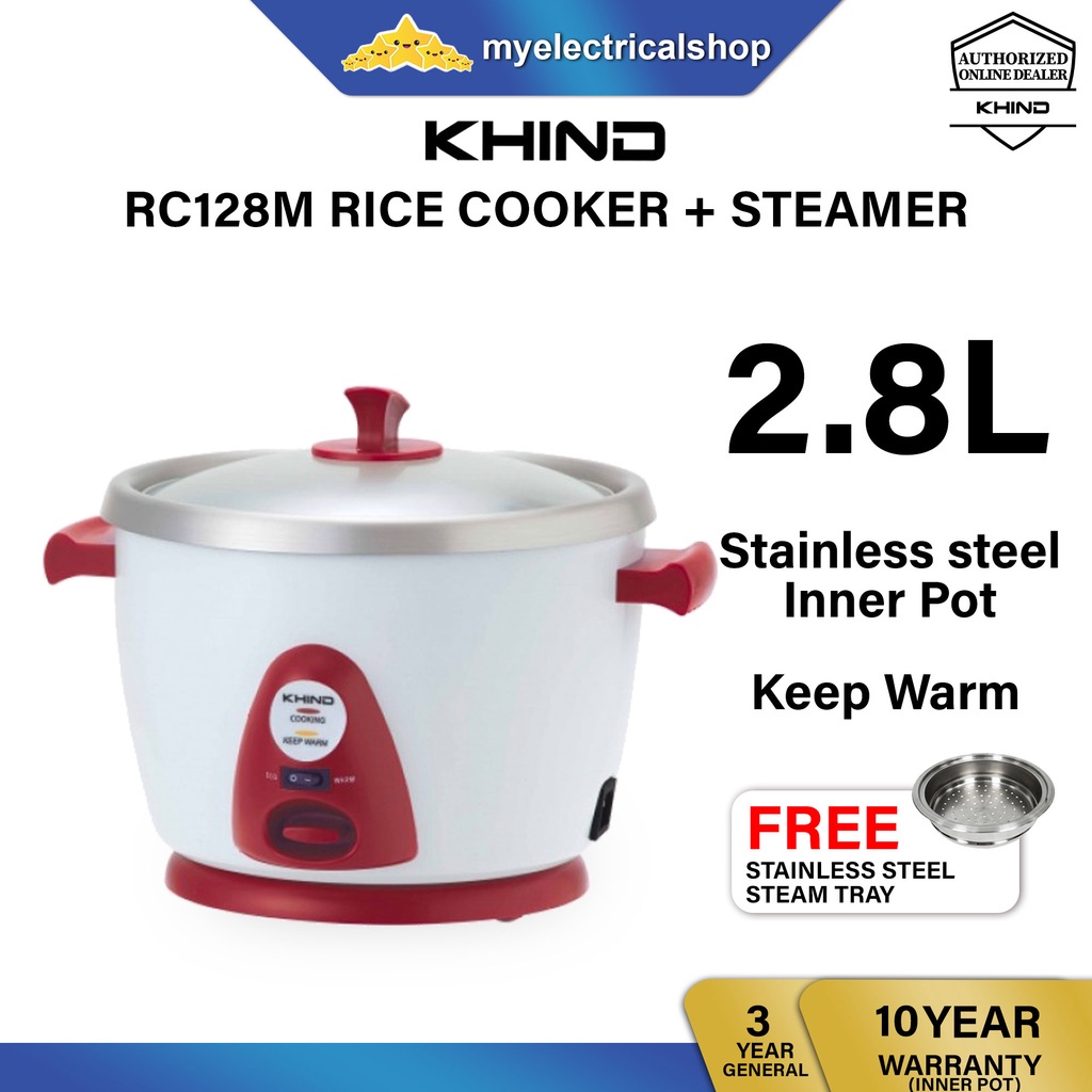 Khind AnShin Rice Cooker ( 2.8L ) RC128 / RC128M Stainless Steel Pot ( White ) Free Steam Tray