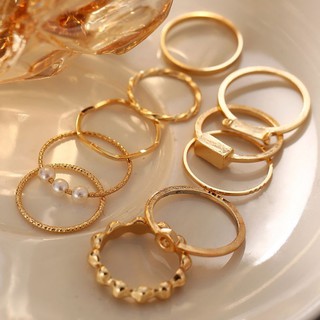 LZ (Fixed Saiz) Cincin 10 Bentuk/ 10 Pcs Set Fashion Stylish Korean Retro Gold Ring Midi Ring Set Cincin Emas