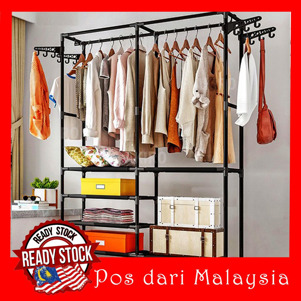 Rak Baju Almari Kain Pakaian Rack Wardrobe Storage Saving Home Living Cabinet Almari Besi Rak Dapur Shopee Malaysia
