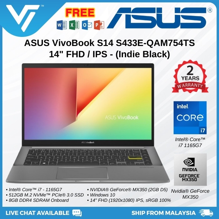 Asus Vivobook S S433e Qam754ts Intel I7 1165g7 Mx 350 8gb 512ssd 14 Fhd W10 Opi 2y I7