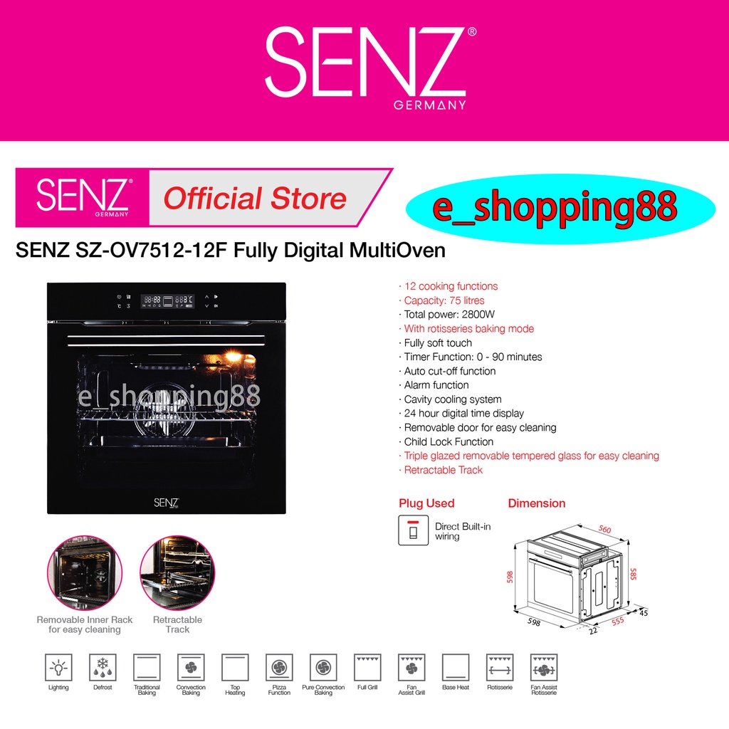 Senz SZ-OV7512-12F Oven / Fully Digital Multi Oven SZ-OV7512-12F | Built in Oven | Fully Soft Touch