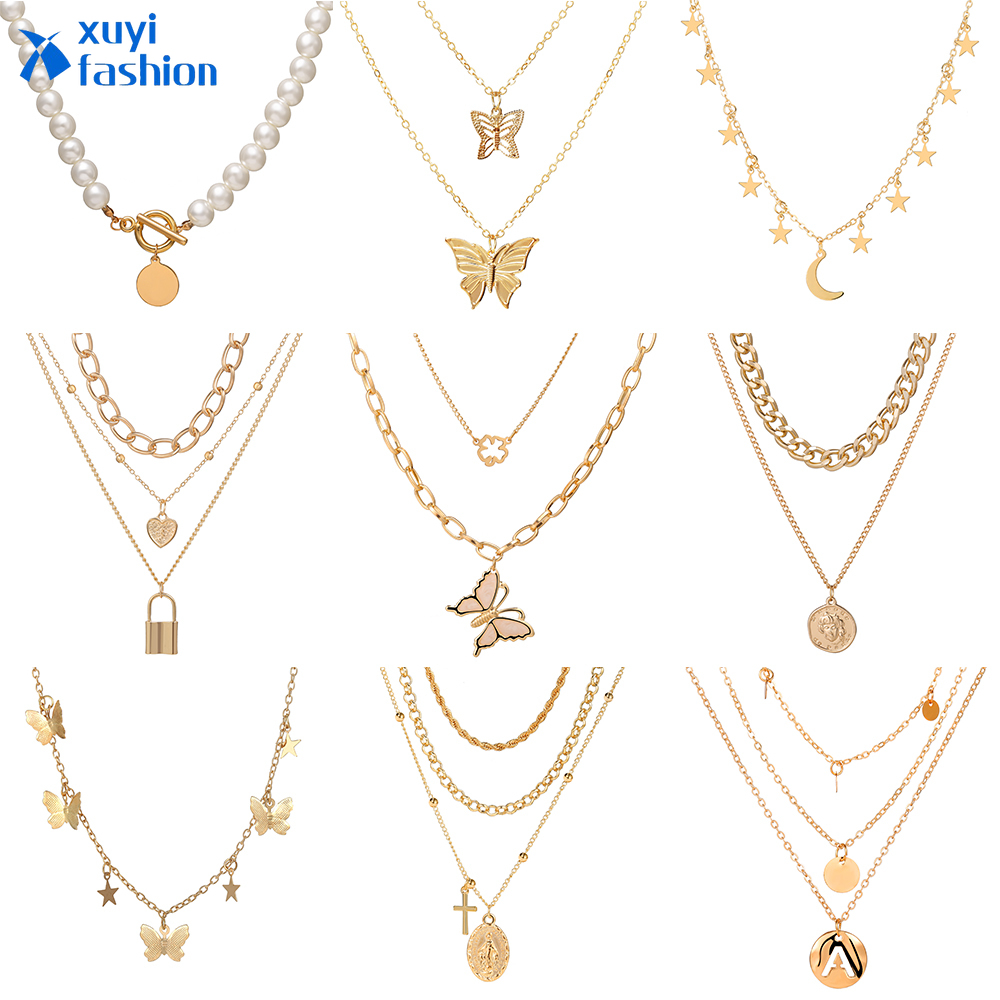 Dodder Fashion Retro Pearl Butterfly Gold Necklace Moon Lock Multilayer Pendant Necklace Chain Choker Women Jewelry Accessories