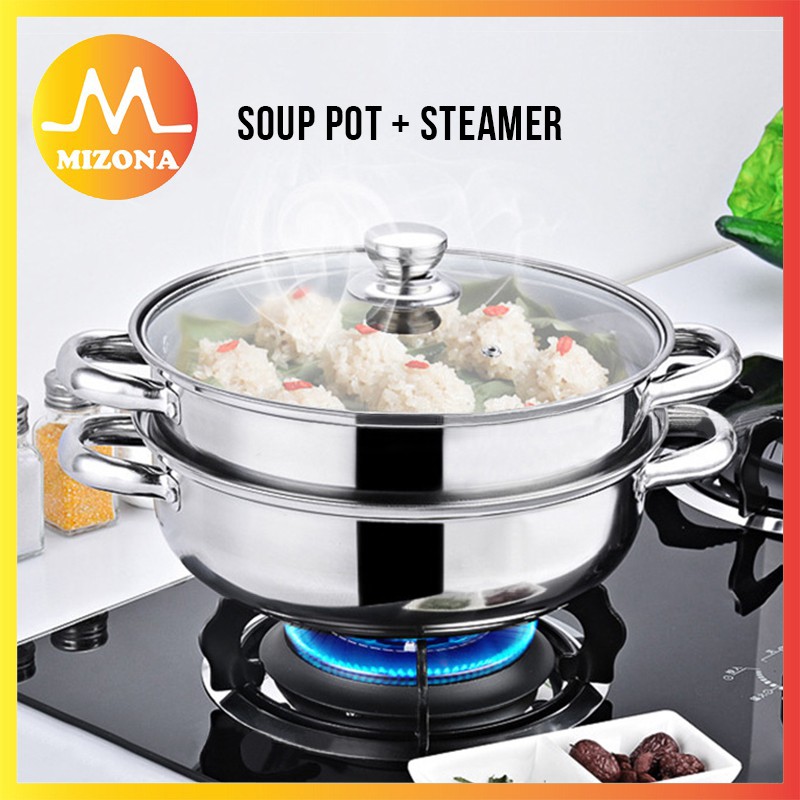 MIZONA 28cm 2 Tiers Multipurpose Stainless Steel Steamer Pot Set (CW-7123)