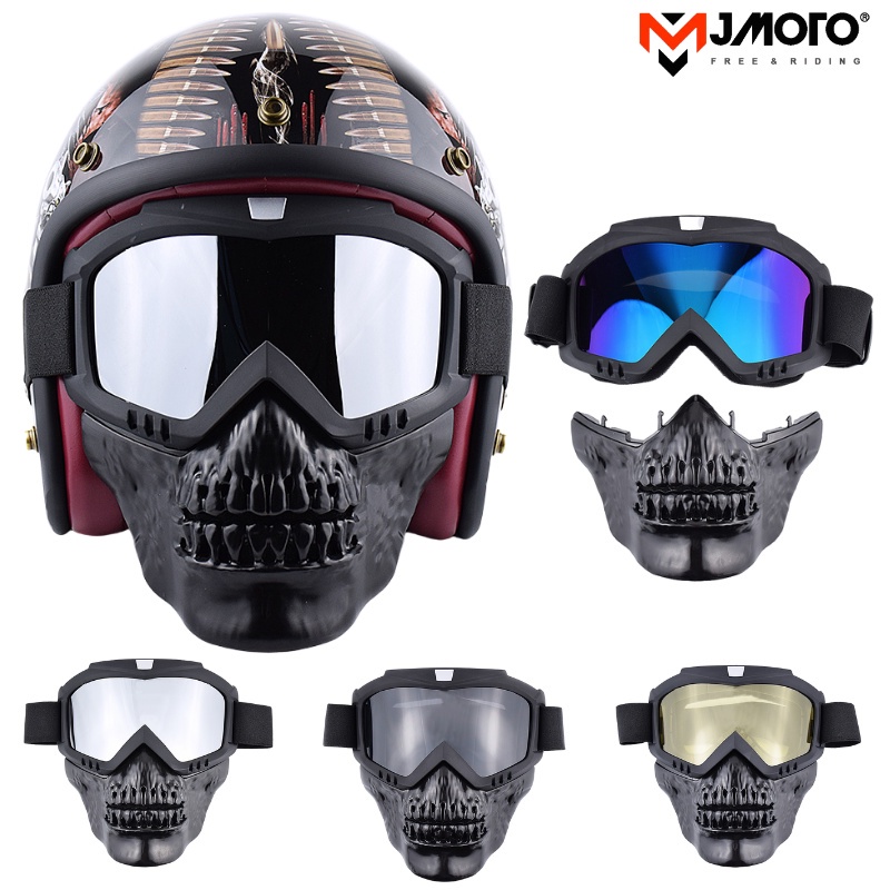 Motorcycle Face Mask Vintage Open Face Helmet Mask Anti-UV Dust Helmets Goggles Skull Mask Men Balaclava Winter Ski Face Shield