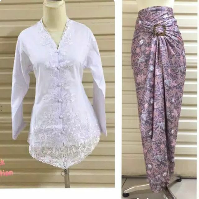 Set kebaya  Nyonya Putih  sulam baju  kain pario 