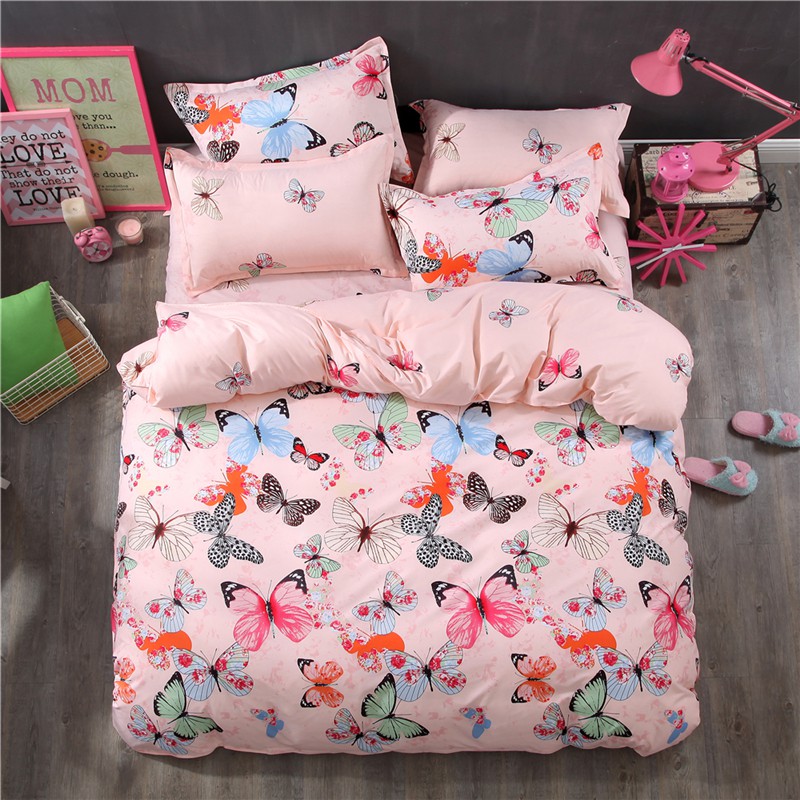 4pcs Bed Set Butterfly Print Duvet Cover Flat Sheet Pillowcase Zl