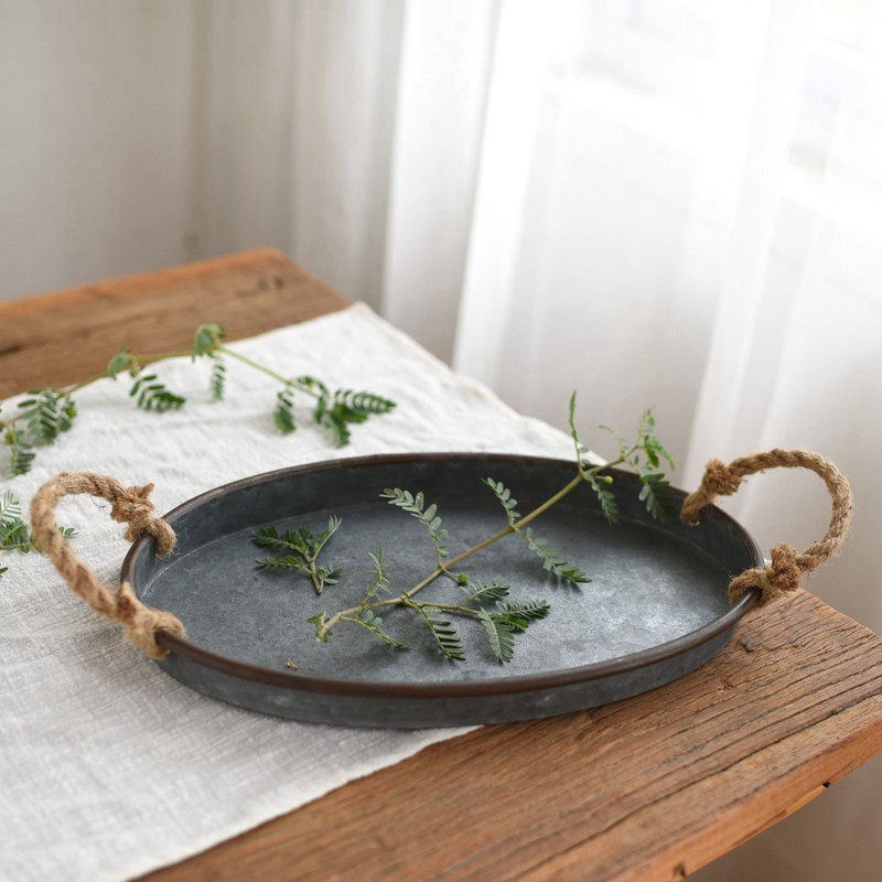 Iron Storage Tray Vintage Round Metal Storage Retro Distressed Hemp