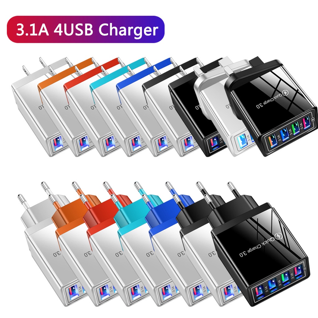 【READY STOCK】QC 3.0 4 Port USB 30W Quick Charge Hub Wall Charger Adapter UK Plug Faster Charger Android Iphone Sumsung