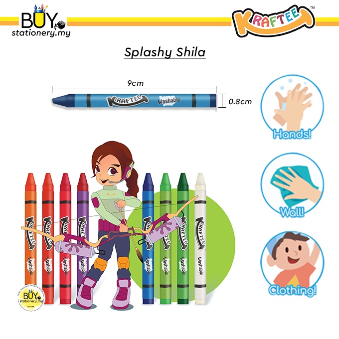 Kraftee Washable Crayon Non Toxic Safe for Kids -(8s/BOX)[Spend RM70 for Free Gift] Art Set Krayon Oil Pastel Stationary