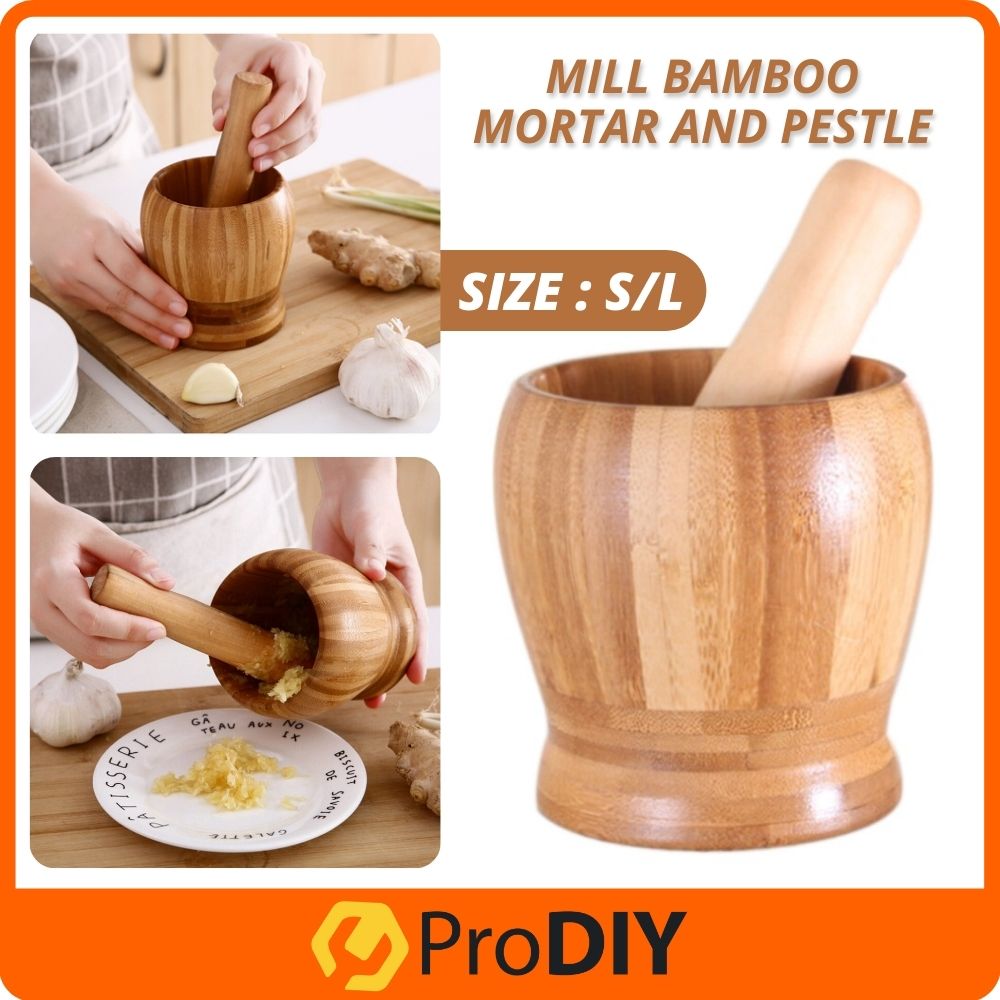 2 Size S/L Bamboo Mortar Pestle Pestle Grinding Bowl Garlic Onion Spice Pepper Mill Kitchen Tools Penumbuk Lesung Buluh