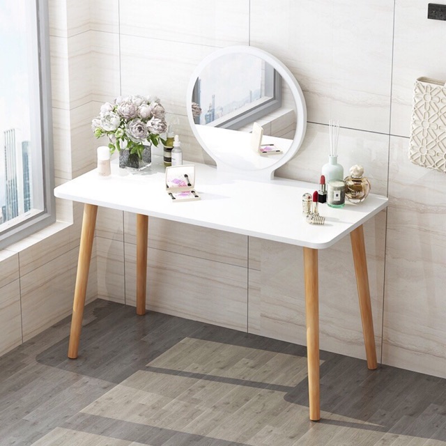 Ikea Northern Europe Wooden Nordic Dressing Vanity Table Set With Simple Modern Round Mirror And Cushioned Stool Shopee Malaysia