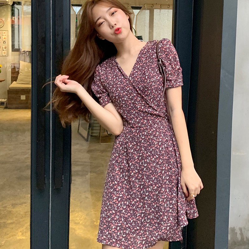 Korean Women Bohemia V Neck Floral Slim Dress Shopee Malaysia