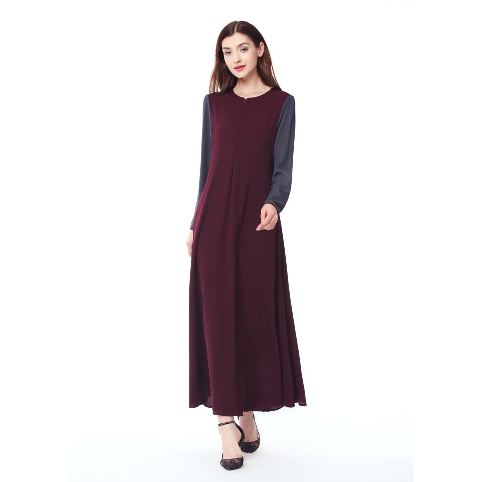 Nursing Friendly Joint Color Puffy Jubah Long Dress Dark Maroon S M L Xl Xxl