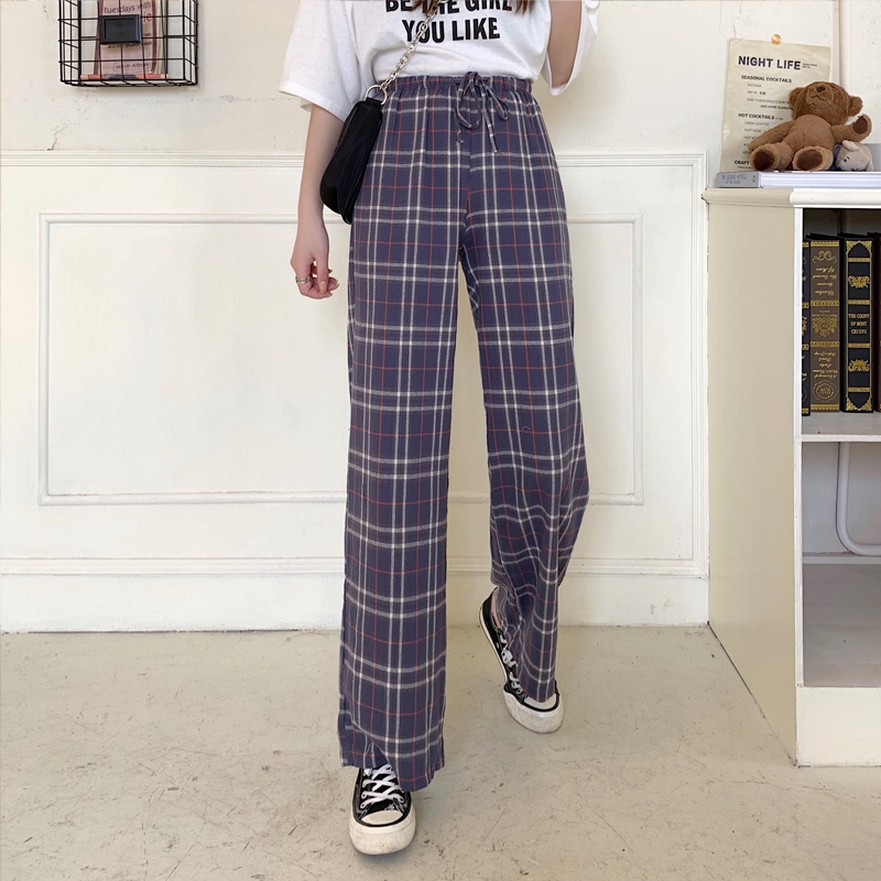 Korean High Waist Slim Pants Elastic Waist Plaid Wide Leg Women Pants ...