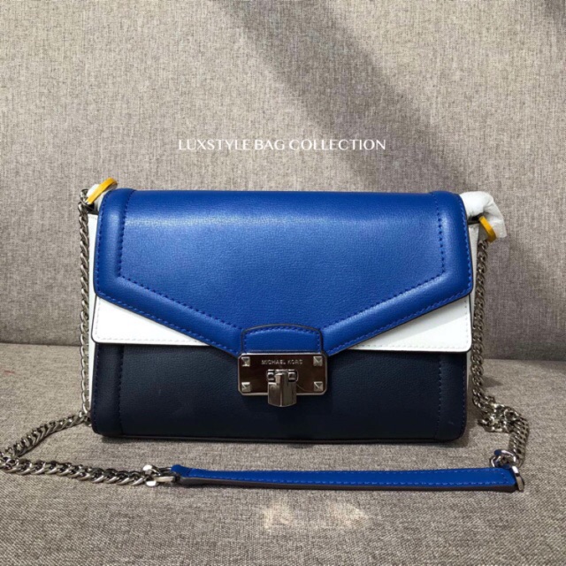 white and blue michael kors bag