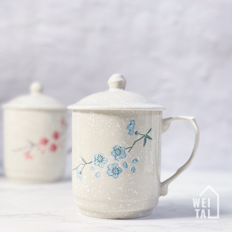 Ceramic Mug with Lid Drinking Mug Cup Blue Flower Pink Flower Mugs Cawan 盖杯