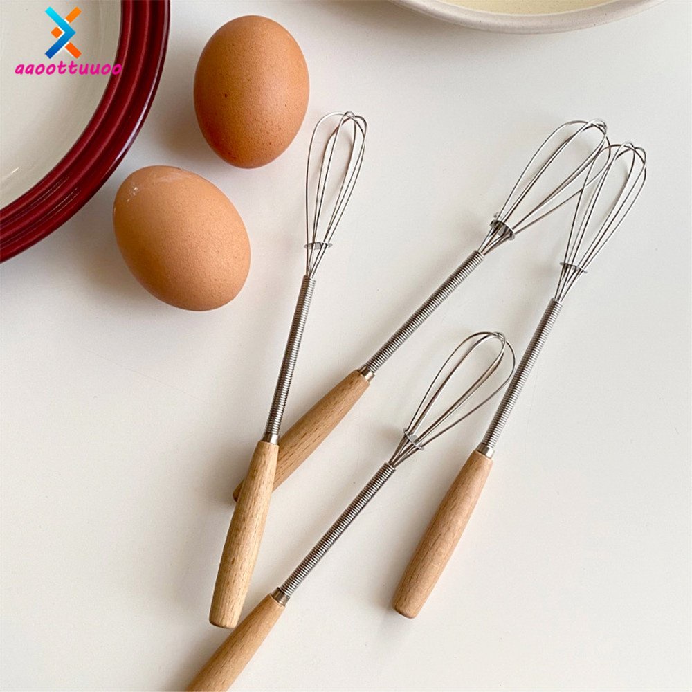 Mini Manual Stainless Steel Egg Beater Portable Kitchen Cream Butter Whipping Stick Whisks with Wooden Handle