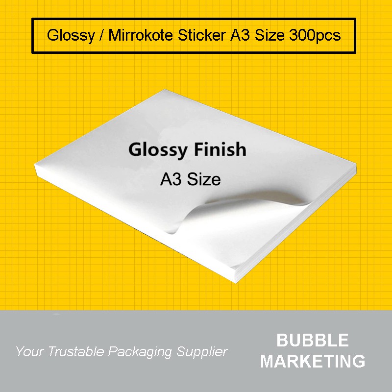 300pcs A3 Sticker Paper (Glossy/Mirrorkote) Self-Adhesive Yellow Based ...