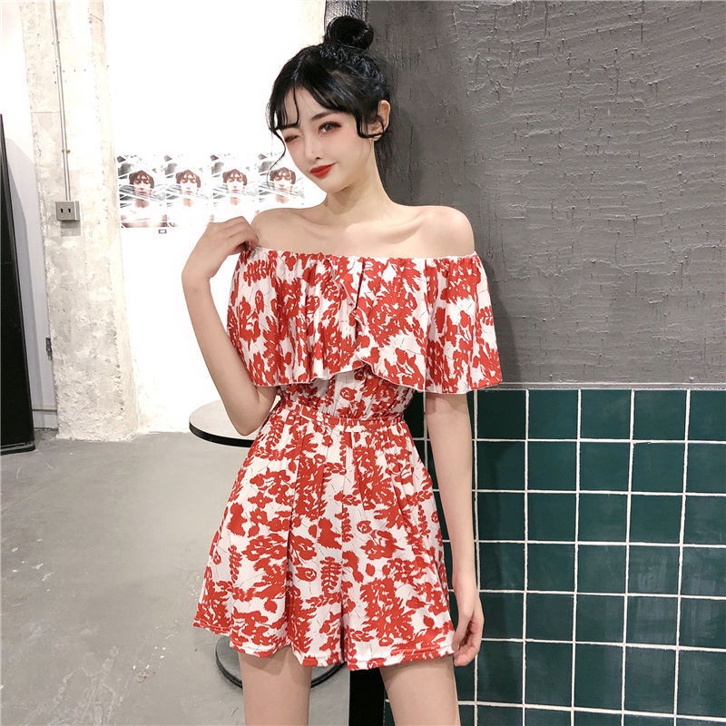 Summer new style one-piece women's one-line collar floral jumpsuit ...