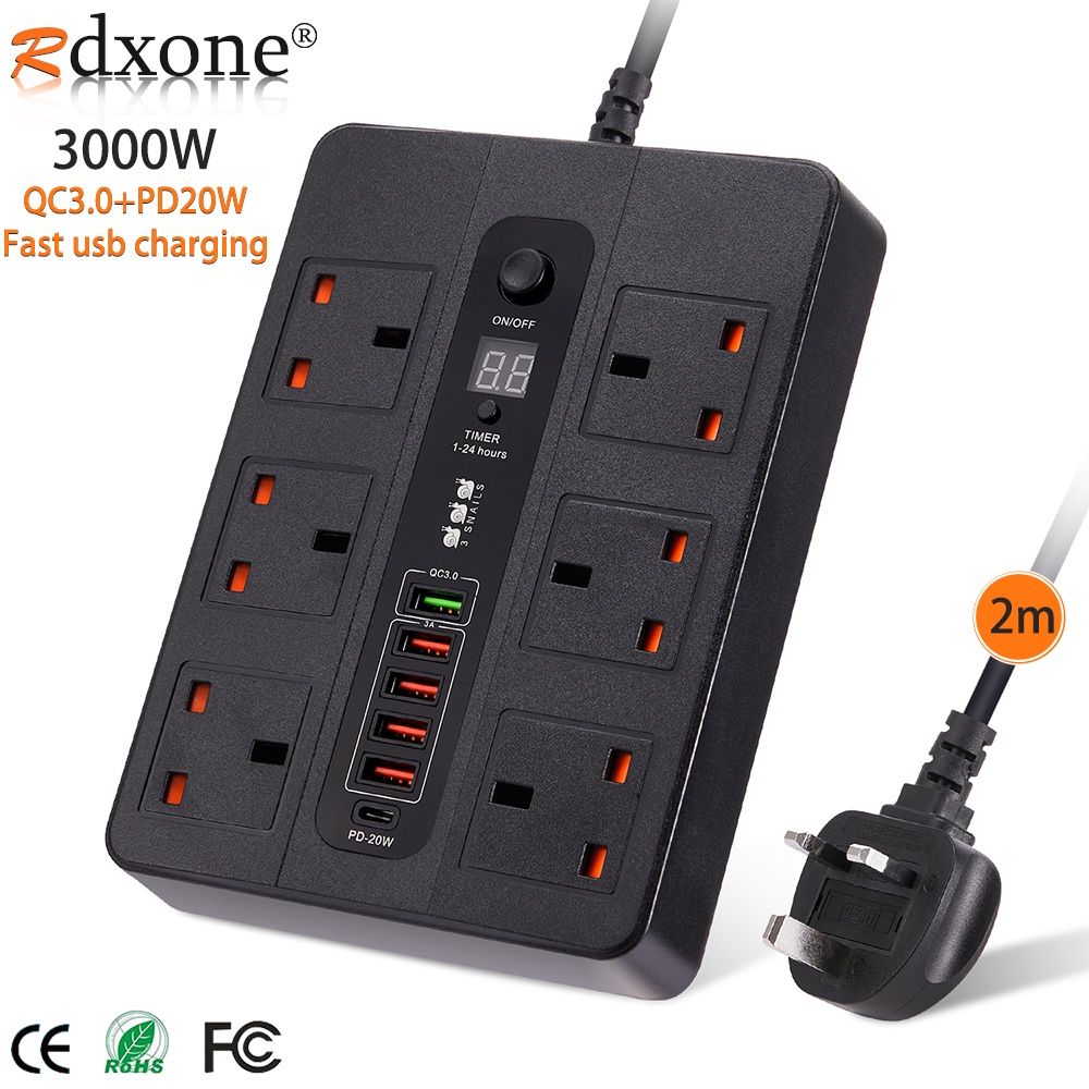 UK Plug Power Socket with on off timer Switch QC3.0 PD20W Fast Charging ...