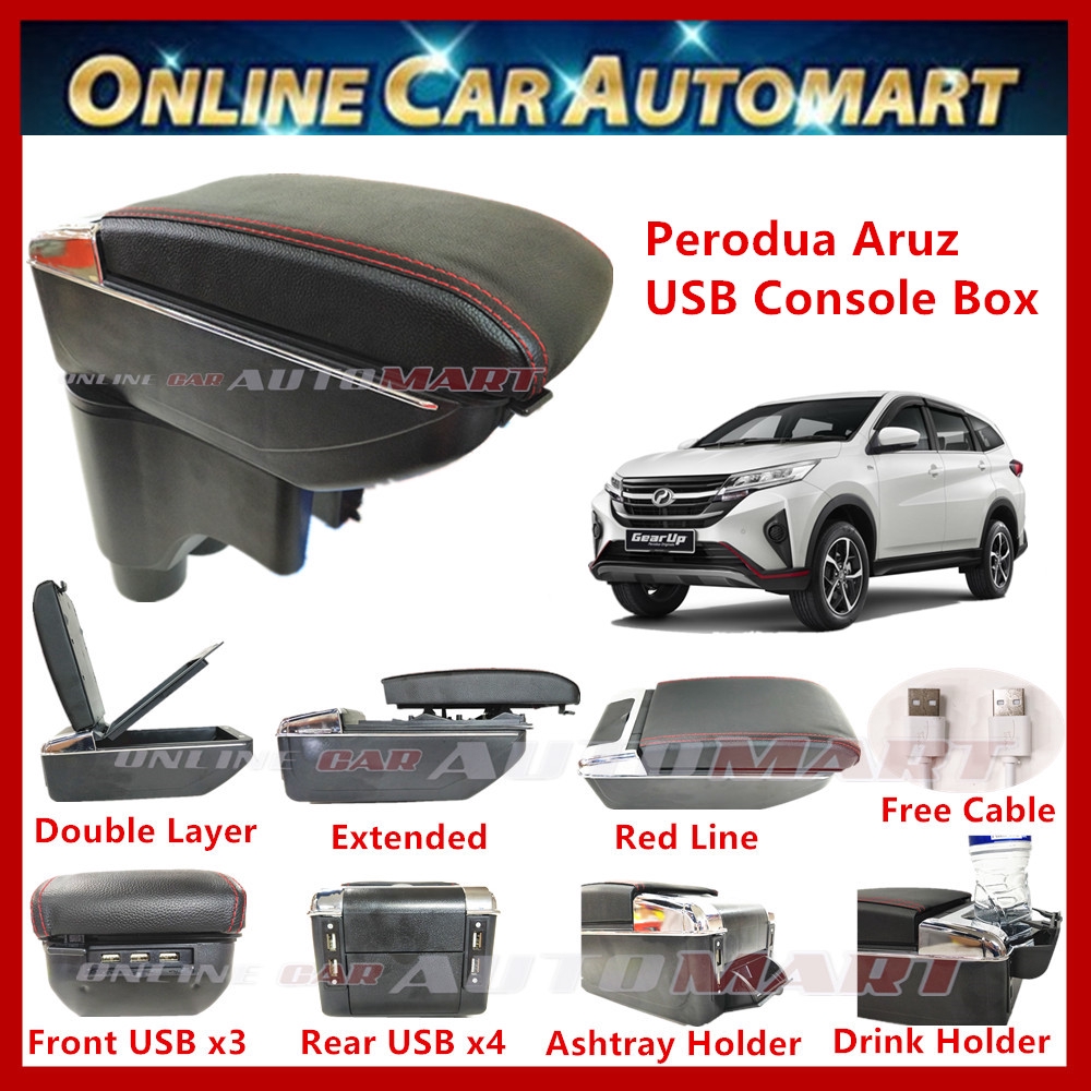 Perodua Aruz 7 USB Charger Port PVC Adjustable Arm Rest/Armrest Center Console Box (Red Line)