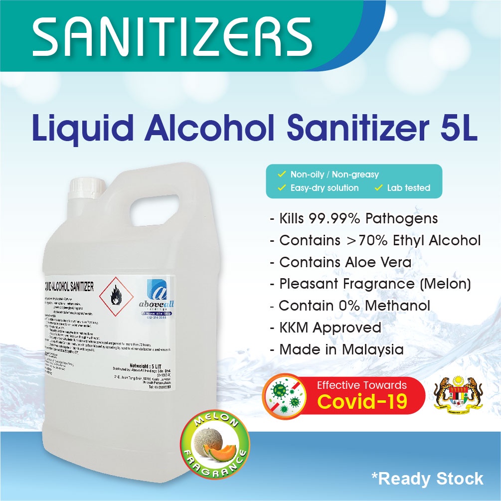 Liquid Alcohol Sanitizer with Aloe Vera 5 Litre 70-75% Ethyl Alcohol