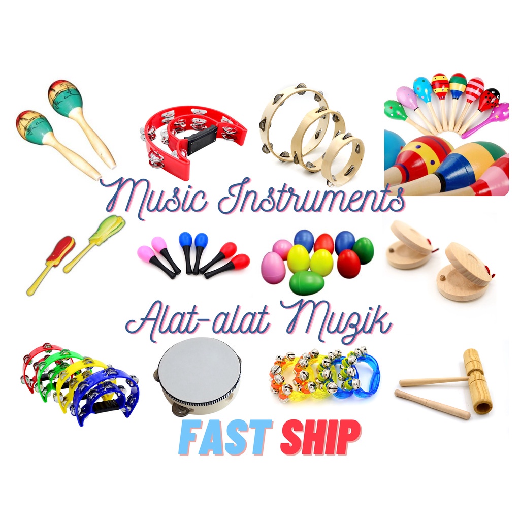 Alat-alat Muzik Music Instruments Ring Bell Loceng Maracas Marakas Tambourine Castanet Kastanet Drum Musical Toys 音乐器材