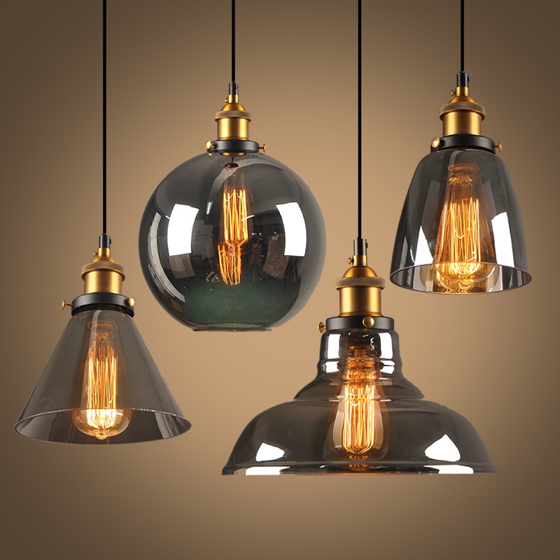 Antique Brass Brushed Smoke Gray Industrial Glass Pendant Lights Edison Retro Light Fixture Ceiling Lamp Dining Ee Malaysia - Glass Vintage Ceiling Light Fittings