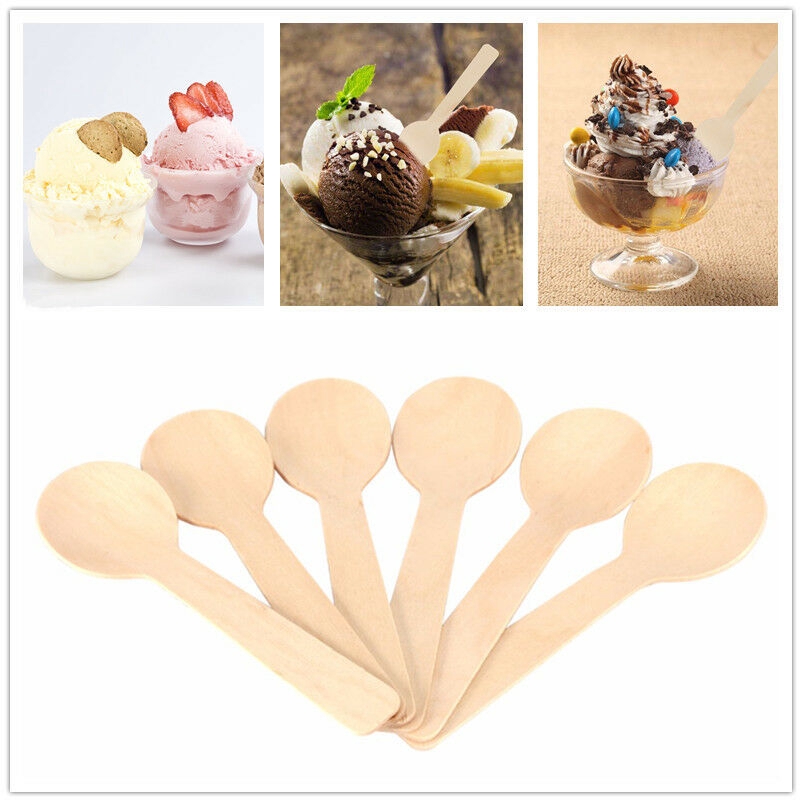 100Pcs Disposable Wooden Spoons Ice Cream Dessert Scoops Wedding Party