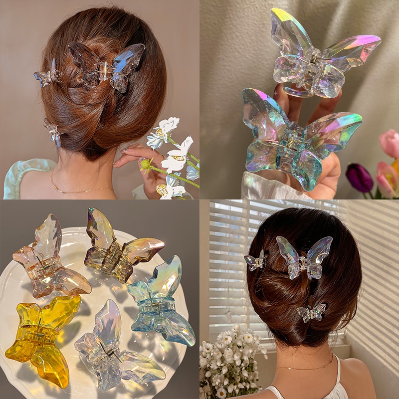 New Butterfly Hair Clip Korean Fashion Summer Mermaid Color Light Hair Pin Large Hair Claw Hair Clips for Women Sepit Rambut 韩式大号蝴蝶透明发夹鯊魚夾