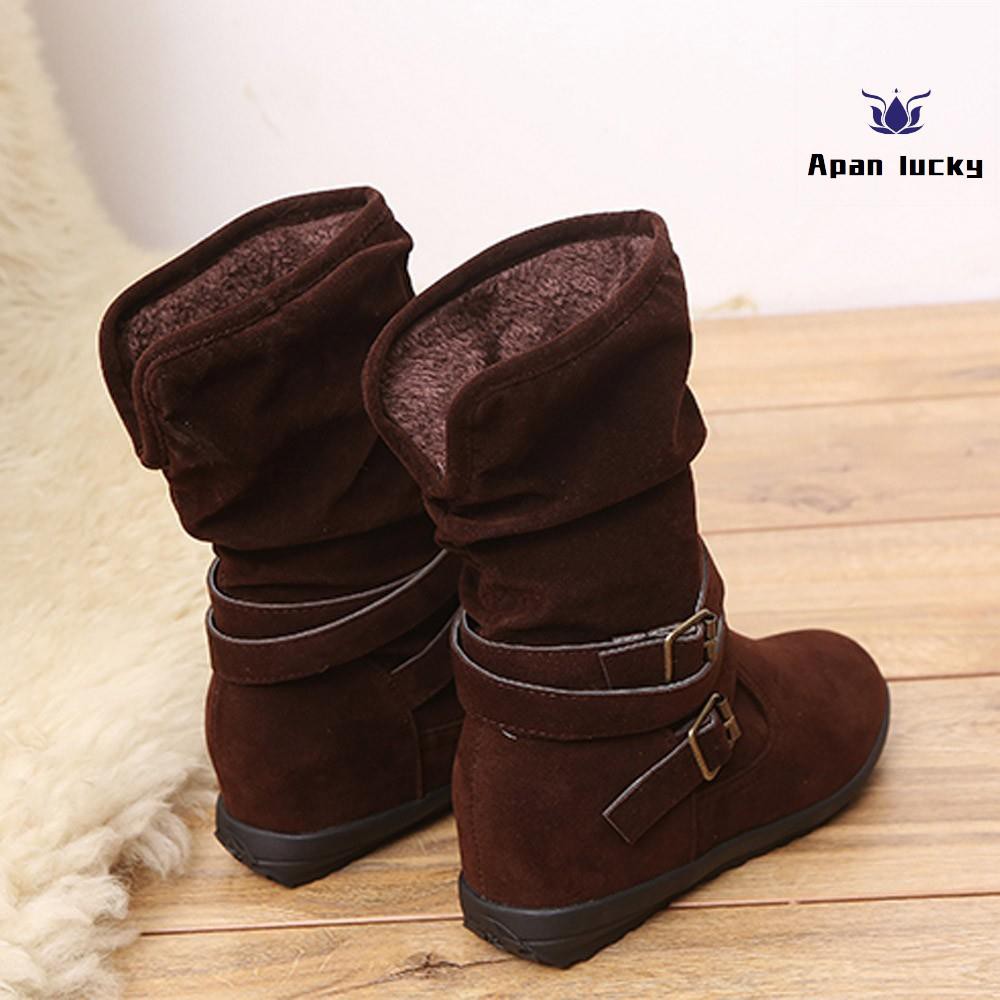 New Ladies Low Wedge Buckle Biker Ankle Trim Flat Ankle Boots VEMOW Women Shoes 