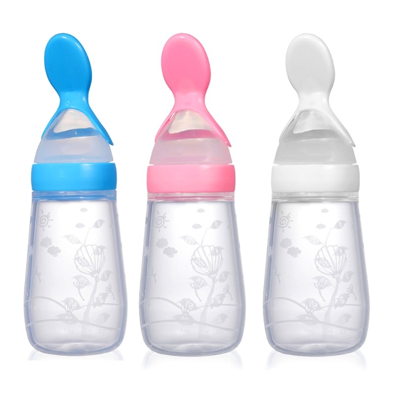 Silicone Rice Paste Cereal Feeder Safe Extrude Bottle With Spoon