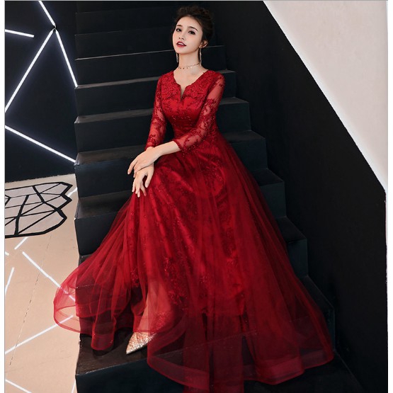 Red Lace Embroidered Long Sleeve Dress Female Goddess Dinner