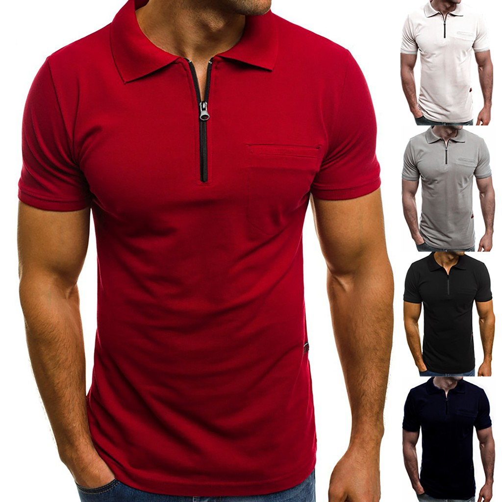 Polo T Shirt Men Baju Lelaki Fitness Slim Lapel Neck Solid Gym Muscle Short Sleeve Zip Sport