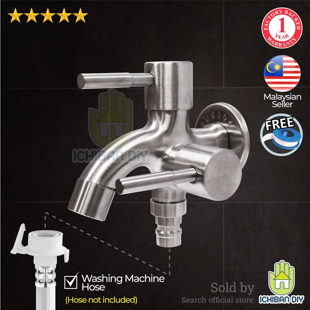 Premium Bib Tap 2 Way L201 - SUS304 Stainless Steel Faucet Washing ...