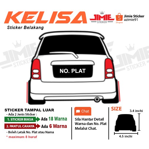 Sticker Belakang Perodua Kelisa, Custom Warna dan No. Plat 