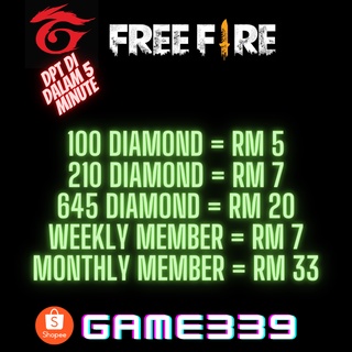 Free Fire Diamond - Package 100, 210, 645 Diamond | Weekly, Monthly Membership -GAME339- Dpt Diamond di dalam 5 Minute