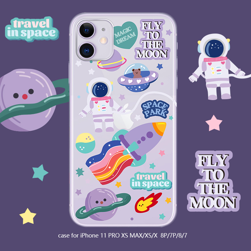 Quxis Simple Transparent Silicone Case For Iphone 11 Pro Max Se 7 8 Plus Fashion Aesthetics Purple Astronaut Soft Phone Full Cover Cases For Iphone X Xs Xr 7p 8p Cartoon