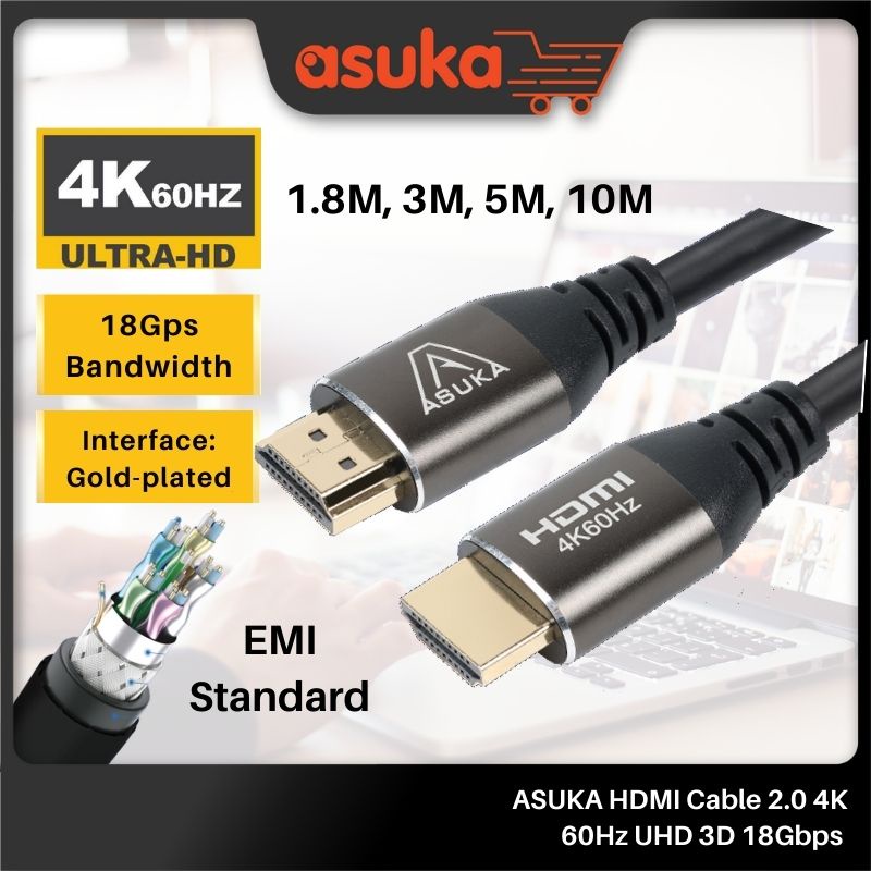 ASUKA HDMI Cable 2.0 4K 60Hz UHD 3D 18Gbps High Speed HDMI Cable 1.8M, 3M, 5M, 10M