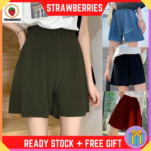 Women Summer Fashion High Waist Elastic Pleated Wide Shorts Casual Short Pants Free Size Seluar Pendek Wanita [P31740]