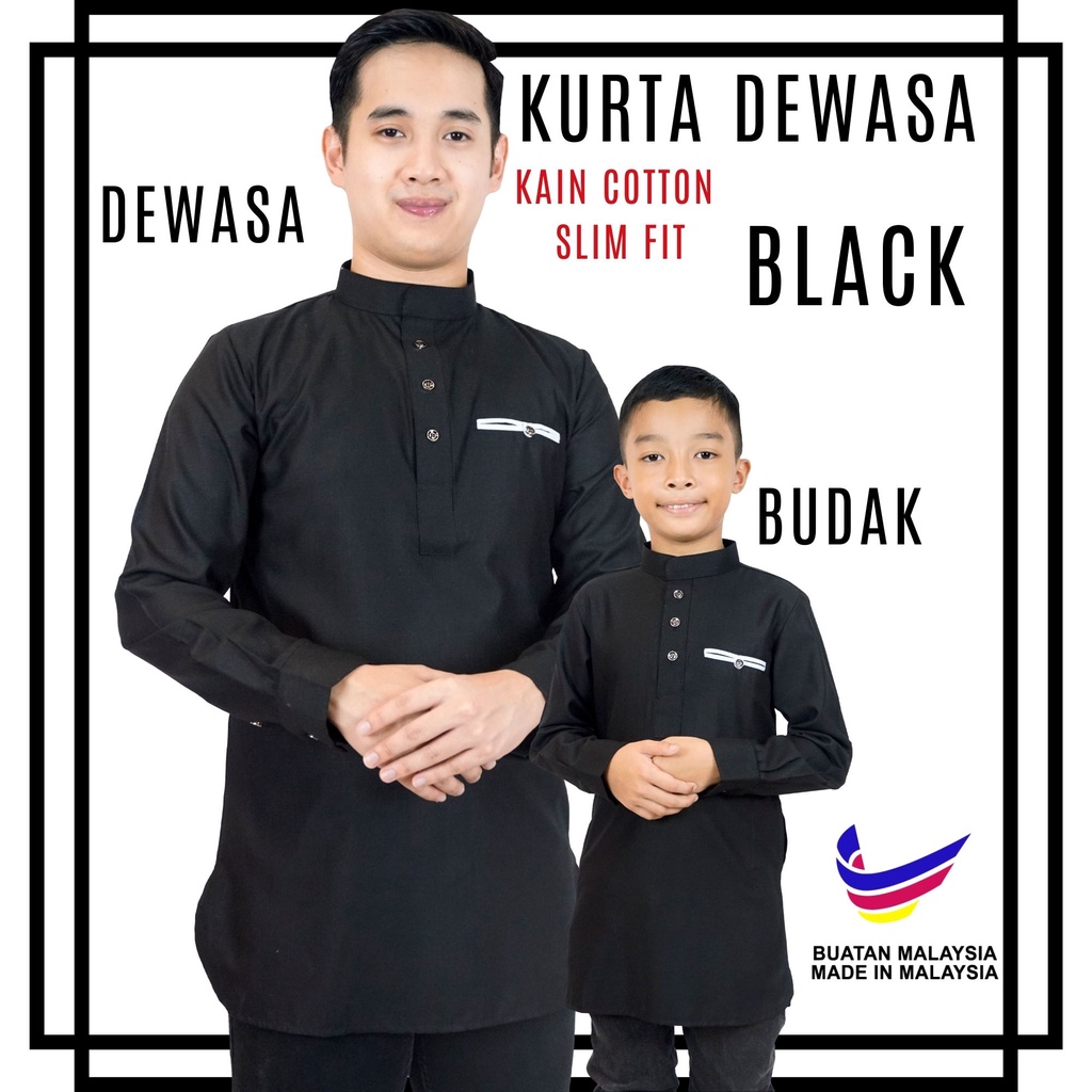 Ready Stock Kurta Slim Fit Cotton Warna Black Hitam Dewasa And Budak Baju Raya C007k 0547