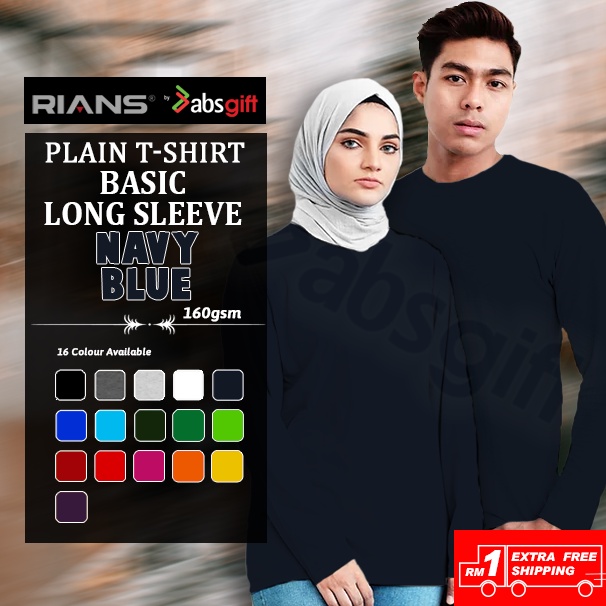 RIANS (LONG SLEEVE) Plain Cotton Round Neck T-Shirt (BASIC) 160gsm (Men / Women) - NAVY BLUE [READY STOCK]