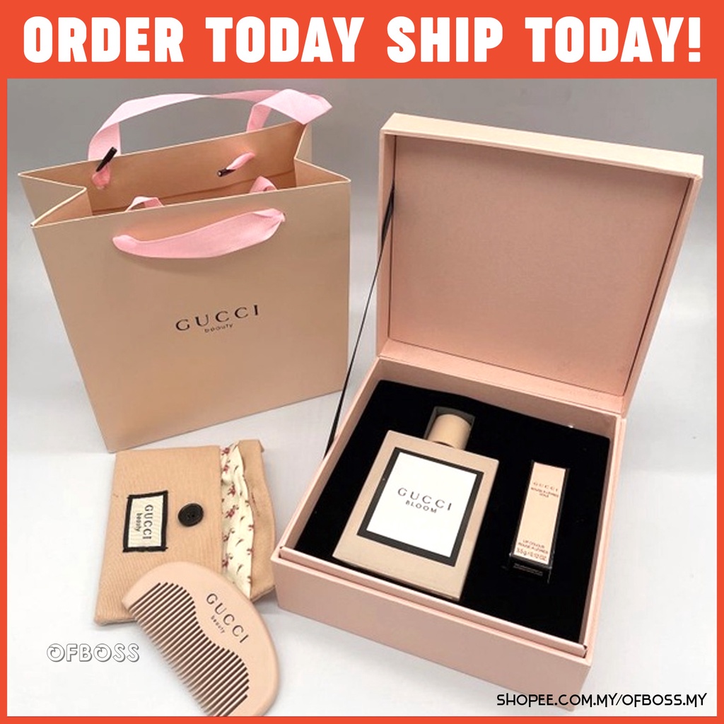 Gucci Beauty Pink 3 In 1 Gift Set (Bloom 100ml+Lipstick 25+Comb) For Women  With Free Paper Bag | Shopee Malaysia