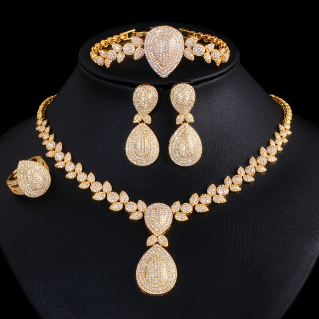 CWWZircons Luxury 4pcs Bridal Wedding Banquet Jewelry Set African Dubai Gold Color CZ Women Party Costume Accessories J035