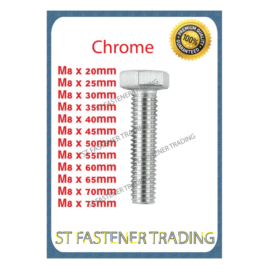 Hex Bolt ( M8 x 20MM M8 x 75MM ) 1Packing = 20Pcs (Chrome) Shopee