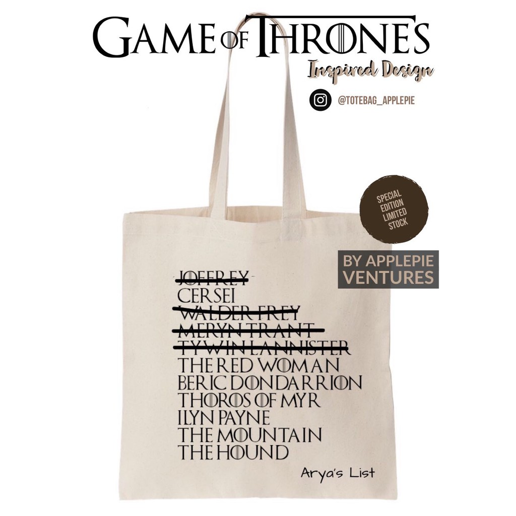GAME OF THRONES INSPIRED TOTE BAG (ARYA'S KILL LIST) | Shopee Malaysia