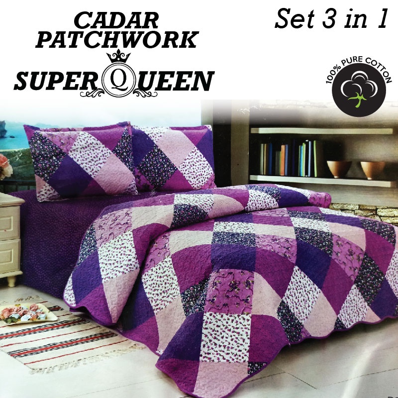 TERMURAH!! [READY STOCK] CADAR PATCHWORK 3IN1 BEDDING SET /Super Queen/BADSHEET/QUEEN SIZE/SET CADAR HARGA BORONG MURAH