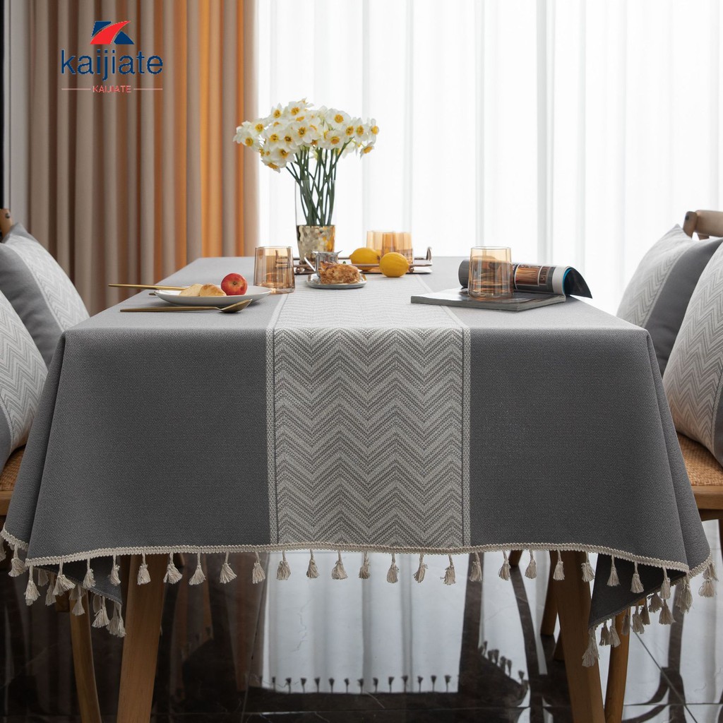 Grey Imitation Cotton Linen Water Wave Jacquard Tablecloth 