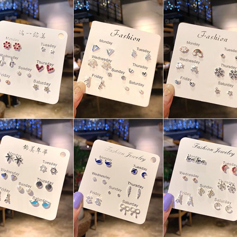 6-7 Pair Set Crystal Heart Silver Stud Earrings Korean Pearl Women Ear Studs Jewelry Weekly Girl Gifts Hot Sale